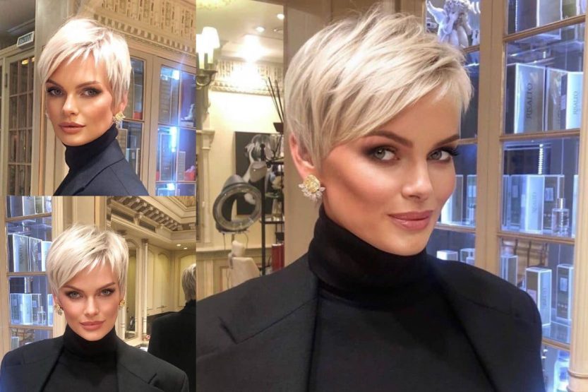 Taglio pixie corto, sfilato, biondo platino