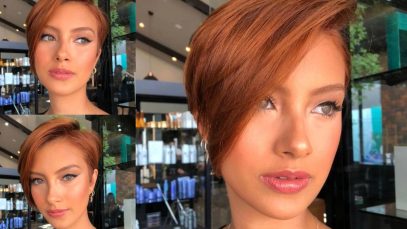 Pixie corto, con ciuffo lungo laterale e color rame