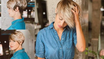 Pixie cut corto, scalato, con ciuffo a due colori