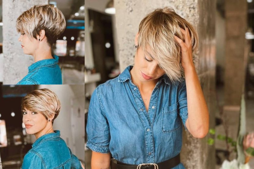 Pixie cut corto, scalato, con ciuffo a due colori