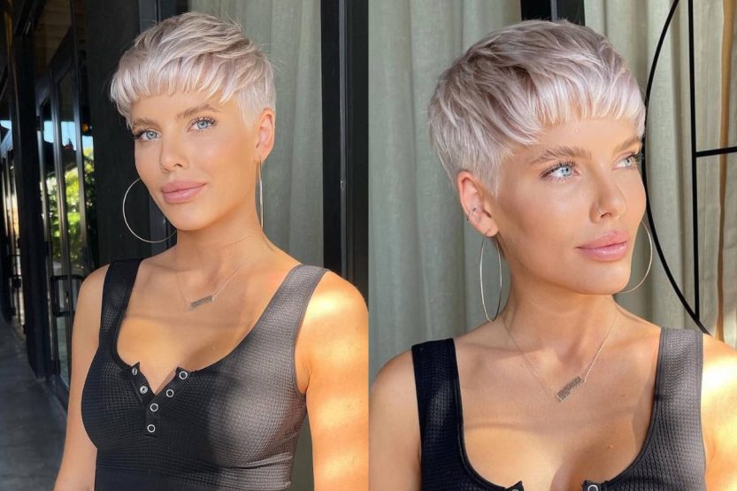 Pixie cut corto con frangia visto da varie prospettive
